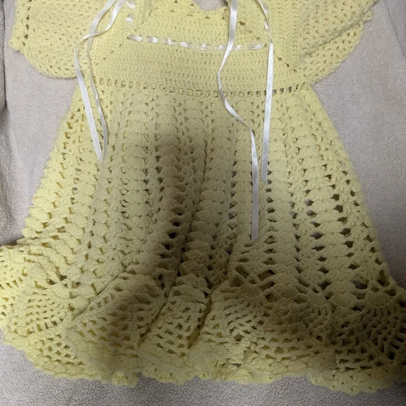 Baby girl crochet knit light yellow dress, collectible, vintage, handmade, doll